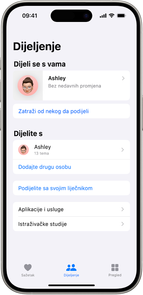 Zaslon Dijeljenje u aplikaciji Zdravlje.