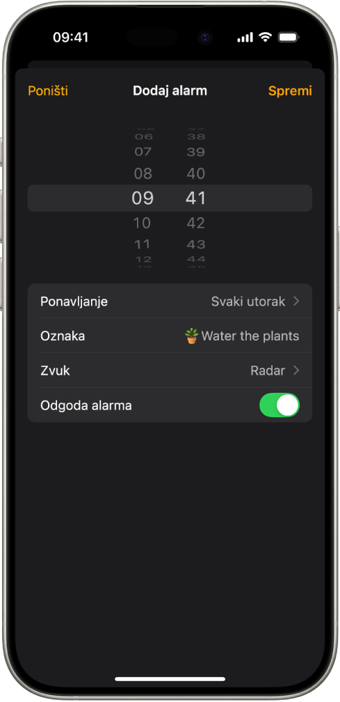 Zaslon za promjenu alarma s postavkama za promjenu vremena alarma, odabir hoće li se alarm ponavljati, dodavanje oznake alarma, odabir zvuka alarma i uključivanje odgode.