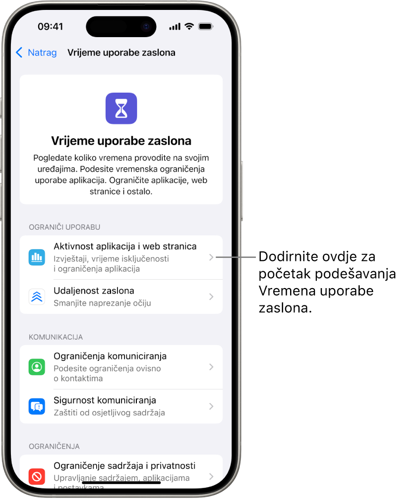 Zaslon za podešavanje Vremena uporabe zaslona koji prikazuje kako trebate dodirnuti Aktivnost aplikacija i web stranica za početak rada.