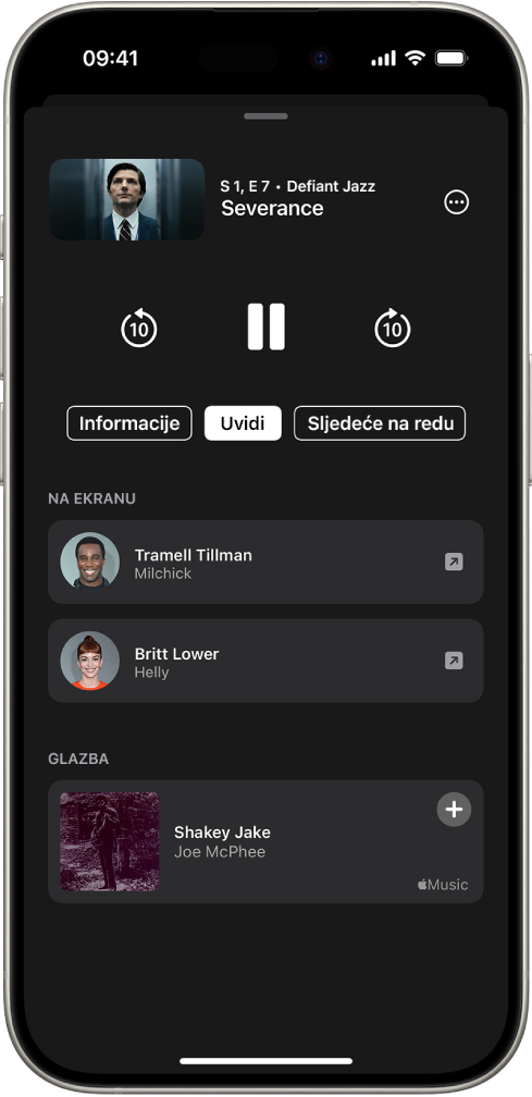 Na zaslonu Uvidi unutar aplikacije Apple TV prikazuju se glumci i glazba iz emisije koja se reproducira iznad.
