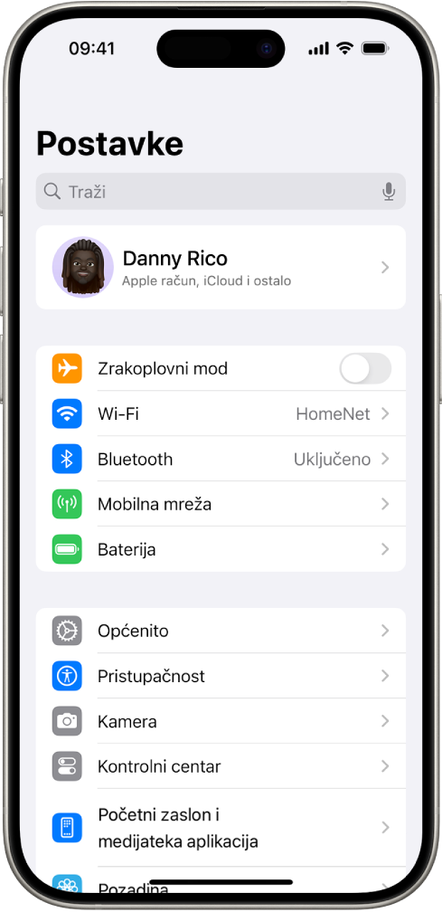 Zaslon Postavki s poljem za pretraživanje na vrhu i nekoliko postavki ispod, kao što su Wi-Fi, Obavijesti i Zvukovi i vibracije.