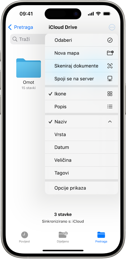 Aplikacija Datoteke s odabranom tipkom Više. U vidljivom izborniku nalaze se opcije Odaberi, Nova mapa, Skeniraj dokumente i Spoji se na poslužitelja. Ispod toga nalaze se opcije za prikaz stavki na zaslonu kao što su Ikone ili Popis. Pri dnu se nalaze opcije razvrstavanja za Naziv, Vrstu, Datum, Veličinu i Oznake nakon čega slijedi Prikaži opcije.