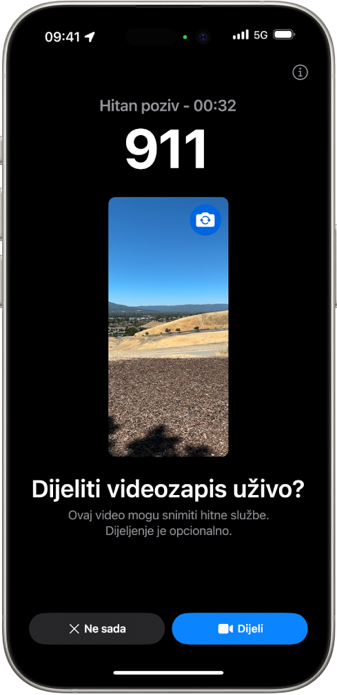 Zaslon videozapisa uživo tijekom hitnog poziva s uspostavljenim telefonskim pozivom na hitan broj 112 i pregledom videozapisa u sredini. Pri dnu se nalaze tipke Ne sad i Dijeli videozapis.