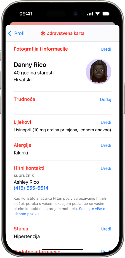 Zaslon Zdravstvene karte sadrži informacije, uključujući datum rođenja, lijekove, alergije, hitne kontakte i zdravstvena stanja.