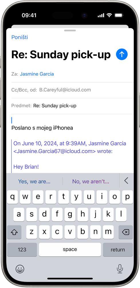 iPhone prikazuje e-mail na koji se odgovara. Predloženi odgovori pojavljuju se pri vrhu tipkovnice.