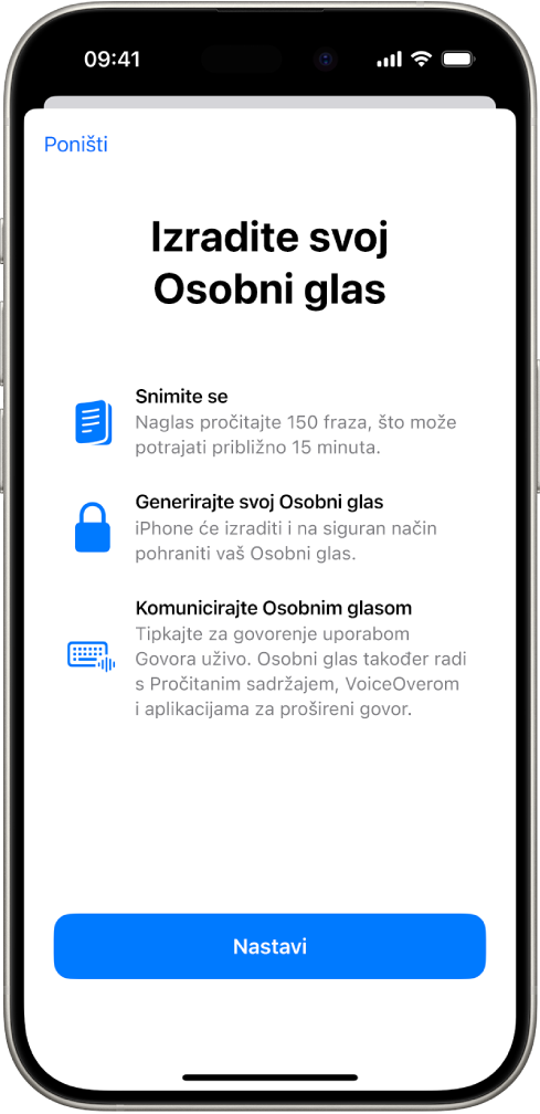 iPhone s informacijama o načinu izrade Osobnog glasa.