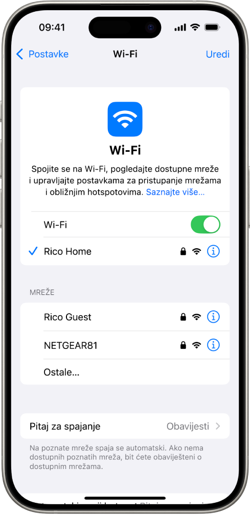 Izbornik Wi-Fi opcija u Postavkama. Wi-Fi je uključen i odabrana je mreža.