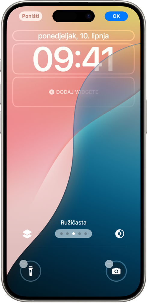 Zaslon za prilagodbu Zaključanog zaslona iPhonea. Odabrane su stavke koje se mogu urediti (datum, vrijeme i polje Dodaj widget), zajedno s tipkama pri dnu zaslona. Donje tipke imaju tipku Ukloni u gornjem lijevom kutu za uklanjanje kontrole prije dodavanja nove iz Kontrolnog centra.