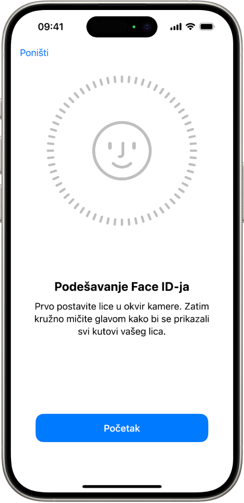 Zaslon za podešavanja prepoznavanja Face ID-ja. Na zaslonu se prikazuje lice, uokvireno krugom. Tekst ispod lica upućuje korisnika da polako pomiče glavu kako bi se krug zatvorio.
