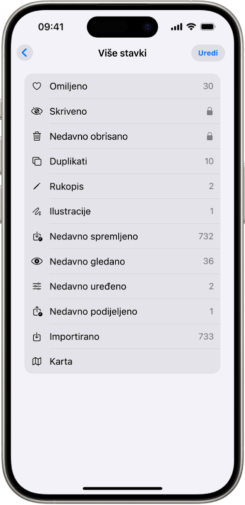 U aplikaciji Foto otvorena je kolekcija Više stavki, s prikazom popisa kolekcija fotografija.