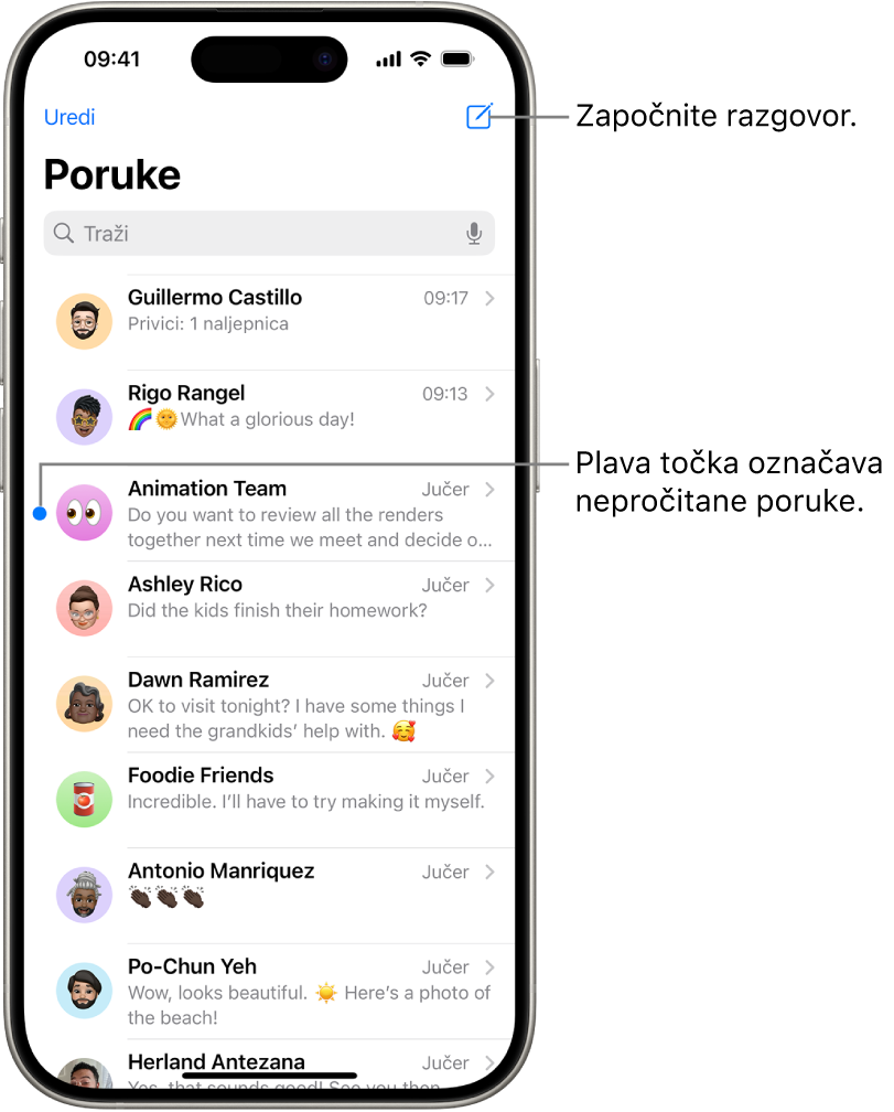 Popis razgovora u aplikaciji Poruke s tipkom Sastavi u gornjem desnom kutu. Plava točka s lijeve strane poruke označava da je ona nepročitana.