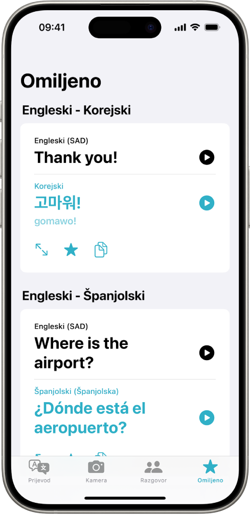 Kartica Omiljeno s prikazom spremljenih fraza koje su prevedene s engleskog na korejski i engleskog na španjolski jezik.