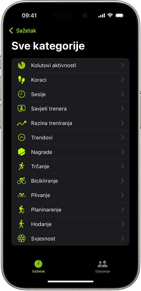 Zaslon aplikacije Fitness s prikazom popisa kategorija fitnessa.