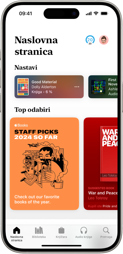 Zaslon Početna stranica odabran je u aplikaciji Knjige. Pri dnu zaslona, slijeva nadesno nalaze se kartice Početna stranica, Biblioteka, Book Store, Audio knjige i Traži. Odabrana je kartica Početna stranica.