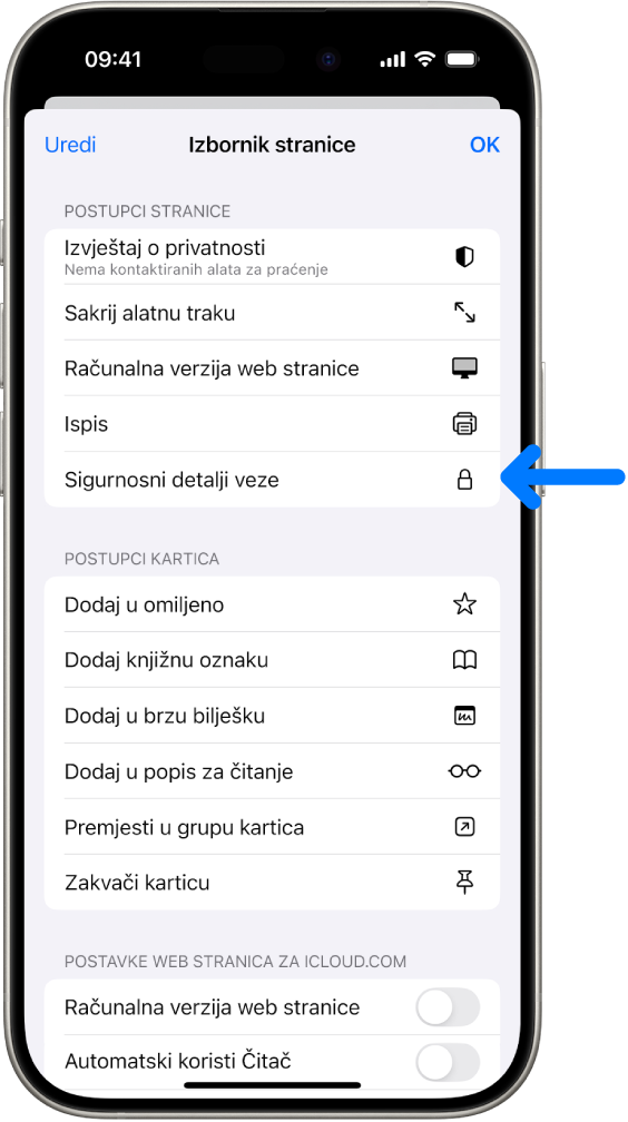 Izbornik Postavke stranice otvoren je u Safariju i kontrola Detalji o sigurnosti veze nalazi se na pola puta prema dnu stranice.