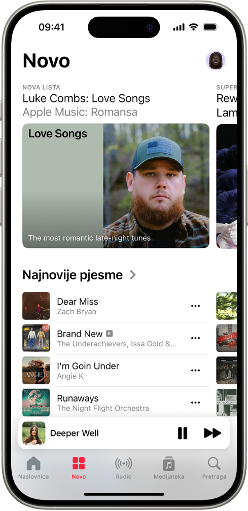 Zaslon Novo prikazuje istaknutu listu na vrhu. Možete povući ulijevo za prikaz više istaknute glazbe i videozapisa. Odjeljak Najnovije pjesme pojavljuje se ispod. Možete povući prema gore na zaslonu za istraživanje nove i preporučene glazbe.