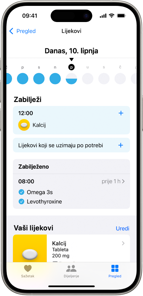 Zaslon Lijekovi u aplikaciji Zdravlje prikazuje vremensku liniju i dnevnik za lijekove.