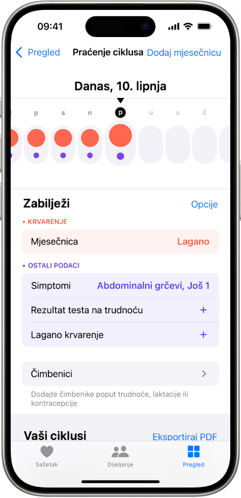Zaslon Praćenje ciklusa koji prikazuje vremensku liniju za tjedan dana na vrhu zaslona. Puni crveni krugovi i ljubičaste točkice označavaju prvih 5 dana u vremenskoj liniji. Ispod vremenske linije nalaze se opcije za dodavanje informacija o mjesečnici, simptomima i ostalom.