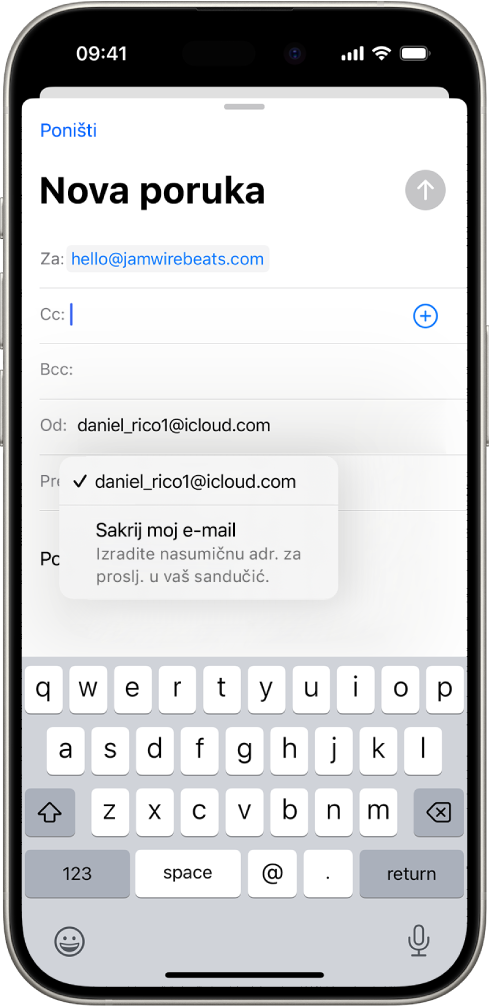 Sastavlja se skica e-maila. Odabrano je polje Od s dvije opcije navedene ispod njega— osobna e-mail adresa i Sakrij moj e-mail.