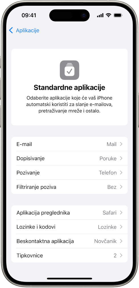 Zaslon za promjenu vaših standardnih aplikacija za slanje e-maila, pregledavanje weba i ostalo.