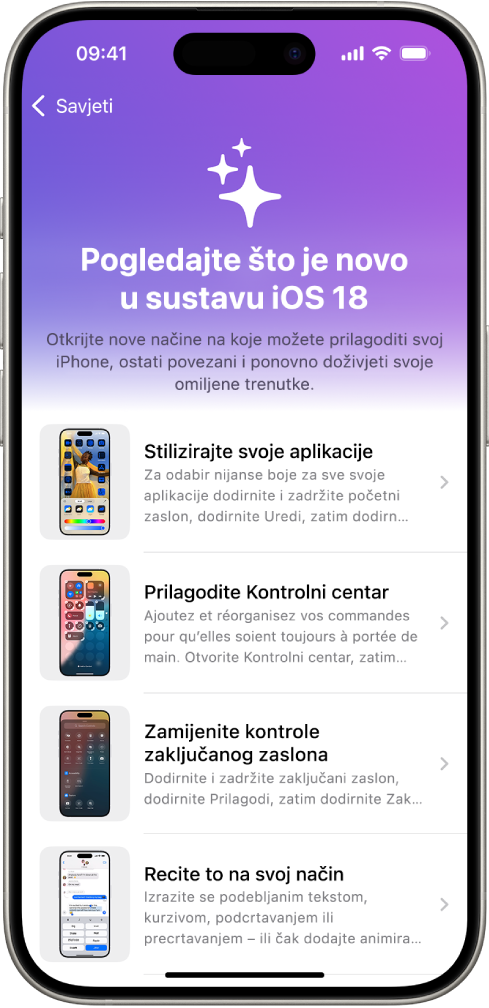 Zaslon na kojem je prikazana kolekcija savjeta sa strelicama koje ukazuju na to da možete dodirnuti kolekciju za prikaz savjeta koje sadrži.
