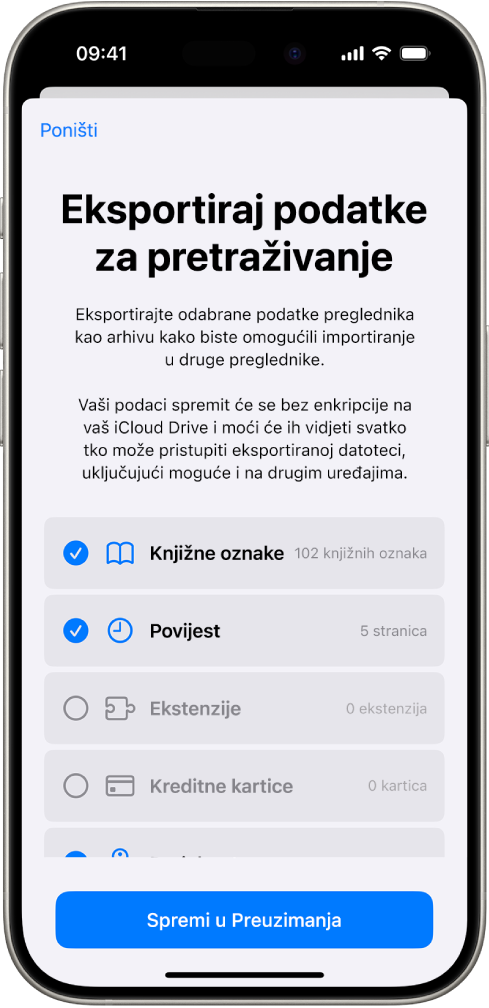 Zaslon Eksportiraj podatke za pretraživanje prikazuje podatke koje možete eksportirati iz aplikacije Safari u drugi preglednik.