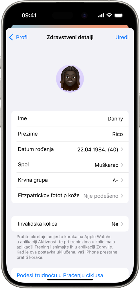 Zaslon Zdravstvenih detalja koji uključuje polja za naziv, datum rođenja, krvnu grupu i druge informacije.
