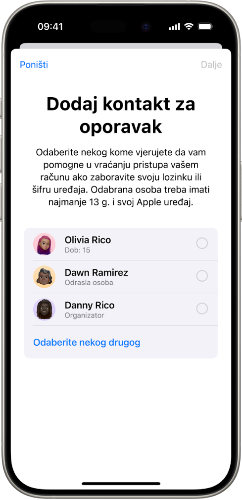 Zaslon Dodaj kontakt za oporavak koji prikazuje predložene kontakte kako biste ih odabrali kao kontakt za oporavak te mogućnost odabira nekog drugog.