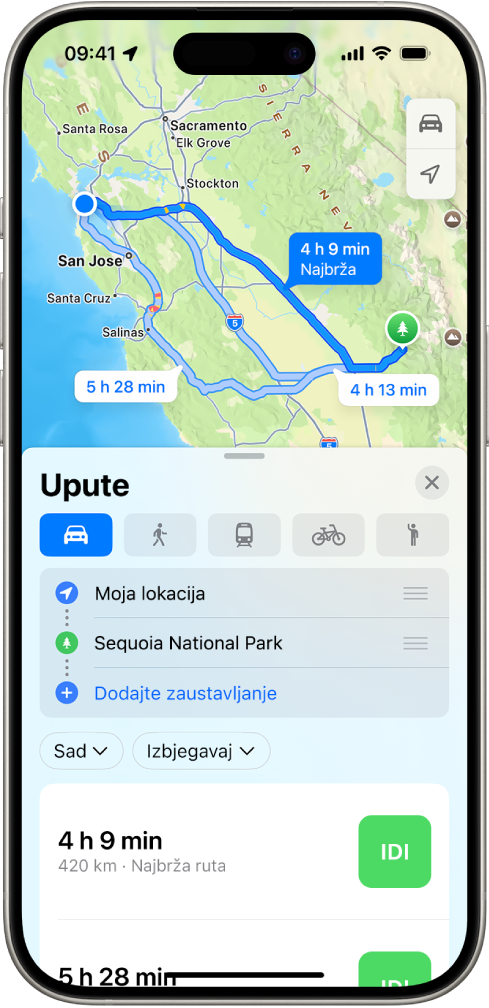 iPhone prikazuje kartu s nekoliko opcija ruta vožnje do istog odredišta. Svaka ruta prikazuje procijenjeno vrijeme i udaljenost i tipku Idi za pokretanje uputa skretanje po skretanje. Kodiranje bojama na svakoj ruti označava uvjete na cesti.