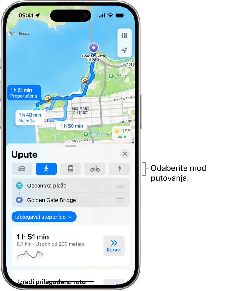 Karta koja prikazuje nekoliko opcija ruta između dvije lokacije, s tipkama za odabir drugih načina putovanja, zamjenu polazišta i odredišta te prikaz uputa kao koraka.