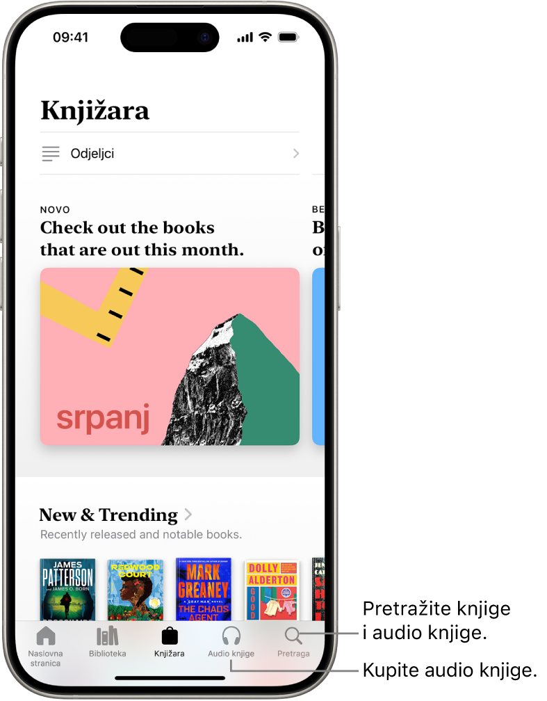 Zaslon trgovine Book Store u aplikaciji Knjige. Pri dnu zaslona, slijeva nadesno nalaze se kartice Početna stranica, Biblioteka, Book Store, Audio knjige i Traži. Odabrana je kartica Book Store.