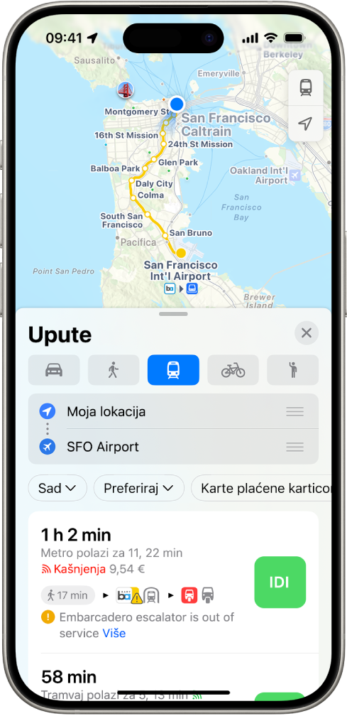 Karta koja prikazuje rute za javni prijevoz. Kartica rute na dnu sadrži detalje za rutu, uključujući procijenjeno vrijeme putovanja i ukupan trošak. Tipka Idi prikazuje se s desne strane detalja.