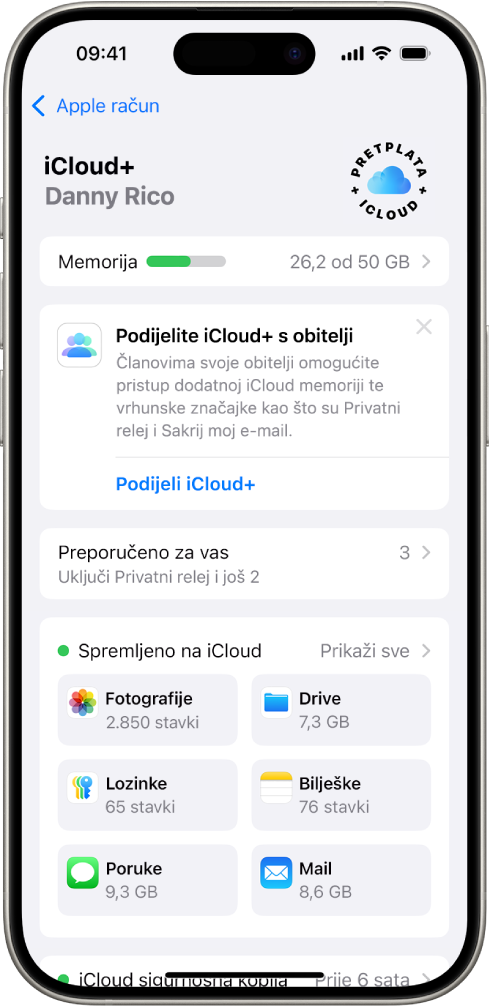 Na zaslonu postavki za iCloud prikazuje se mjerač kapaciteta iClouda i popis aplikacija i značajki, uključujući Foto, iCloud Drive i iCloud e-mail, koji se mogu upotrebljavati uz iCloud.