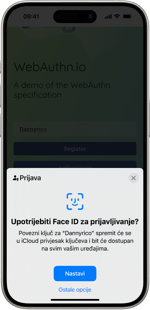 Na donjoj polovici zaslona iPhonea nalazi se opcija za uporabu poveznih ključeva za prijavljivanje na web stranicu. Sadrži tipku Nastavi za spremanje poveznog ključa i tipku Ostale opcije.
