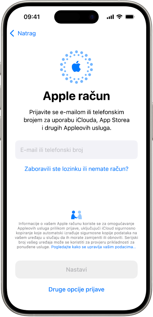 Zaslon za prijavljivanje u Apple račun.