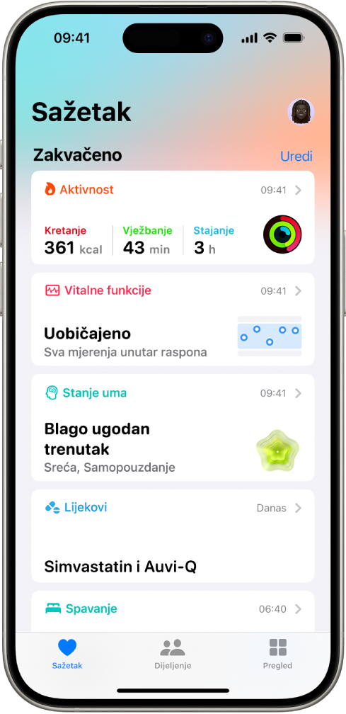 Zaslon Sažetak u aplikaciji Zdravlje. Informacije o aktivnosti, vitalnim funkcijama, stanju uma i lijekovima prikazuju se ispod Zakvačeno.