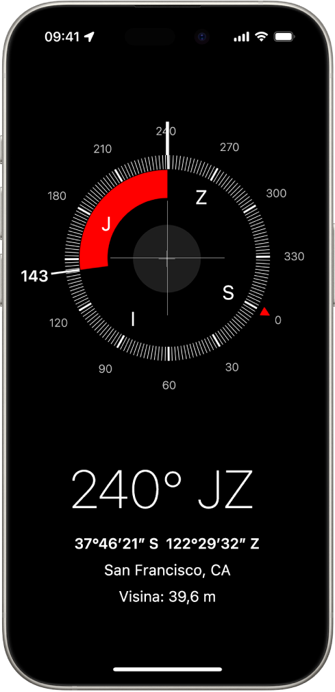 Zaslon Kompasa sa smjerom u kojem je iPhone okrenut, trenutačnom lokacijom i nadmorskom visinom.