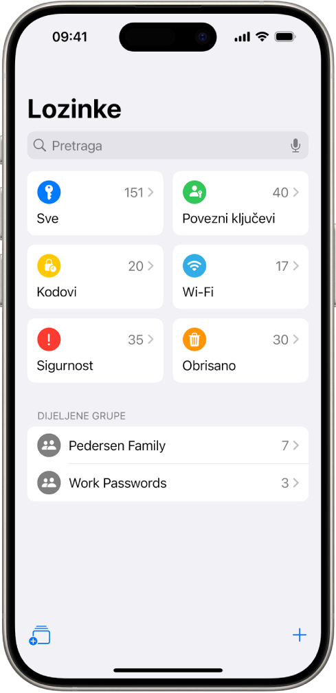 Početni zaslon aplikacije Lozinke s tipkama za Sve, Povezne ključeve, Verifikacijske kodove, Wi-Fi, Sigurnost i Obrisano te popisom Dijeljenih grupa.