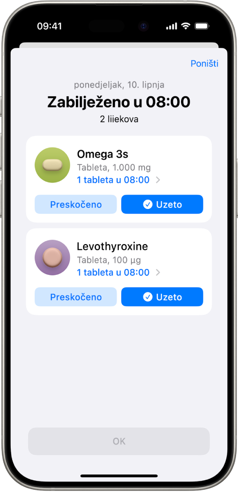 Zaslon Lijekovi u aplikaciji Zdravlje prikazuje zabilježene lijekove.