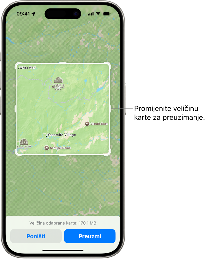 Karta nacionalnog parka. Park je kadriran pravokutnikom s hvatištima koja se mogu pomicati za promjenu veličine karte za preuzimanje. Odabrana veličina karte za preuzimanje navedena je pri dnu karte. Tipke Otkaži i Preuzmi nalaze se na dnu zaslona.