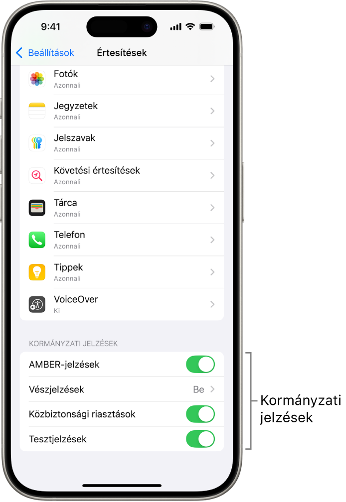 Az értesítések képernyője azokkal a kormányzati jelzésekkel, amelyeket bekapcsolhat, ha kormányzati jelzéseket szeretne kapni.