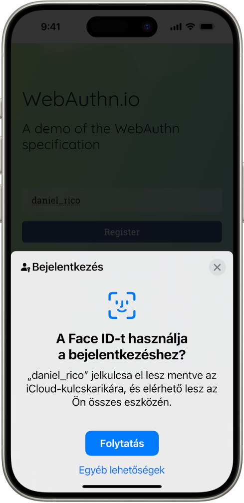 Egy bejelentkezési képernyő, amely akkor jelenik meg, ha a fiókhoz egy jelkulcs van elmentve. A Folytatás és az Egyéb lehetőségek gomb a képernyő alján láthatók.