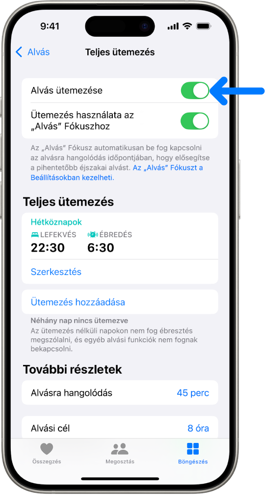 Az Egészségben a Teljes ütemezés alvási képernyő tetején az Alvási ütemezés be van kapcsolva.