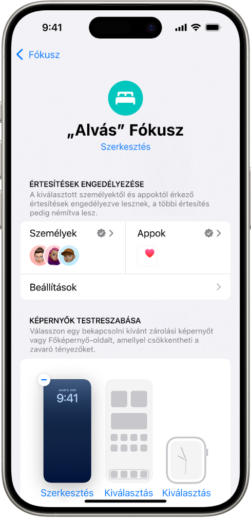 Az „Alvás” Fókusz képernyőjén három személy és egy app küldhet értesítéseket.