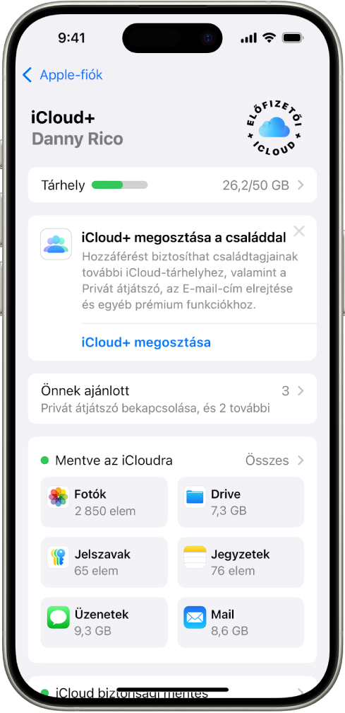 Az iCloud-beállítások képernyője, amelyen az iCloud-tárhely foglaltságmérője, valamint az iClouddal használható appok és szolgáltatások listája látható (pl. a Fotók, az iCloud Drive és az iCloud Mail).