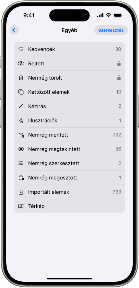 A Fotók appban meg van nyitva egy Egyéb gyűjtemény, és fotógyűjtemények listája látható.