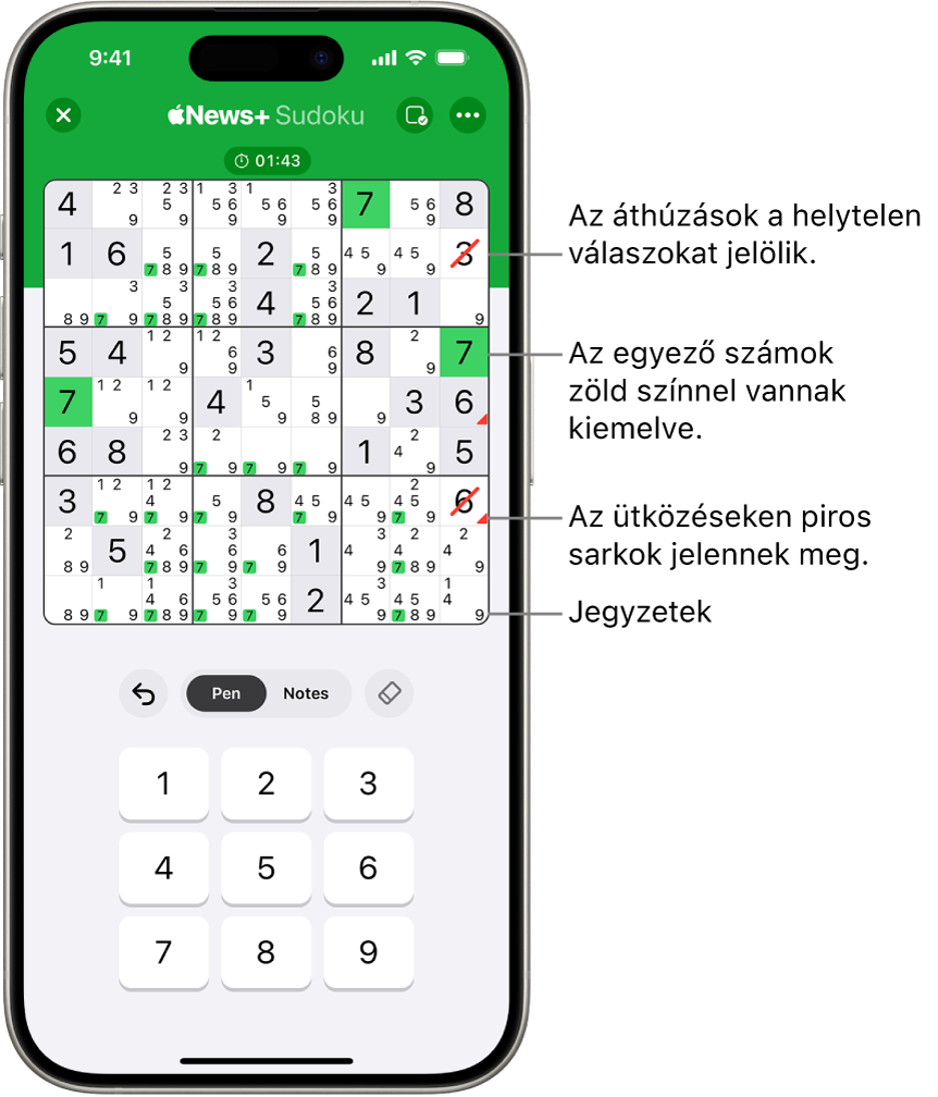 Egy sudoku, amelynek esetében a következő funkciók vannak bekapcsolva: Notes, Highlight Matching Numbers, Show Conflicts, és Autocheck.