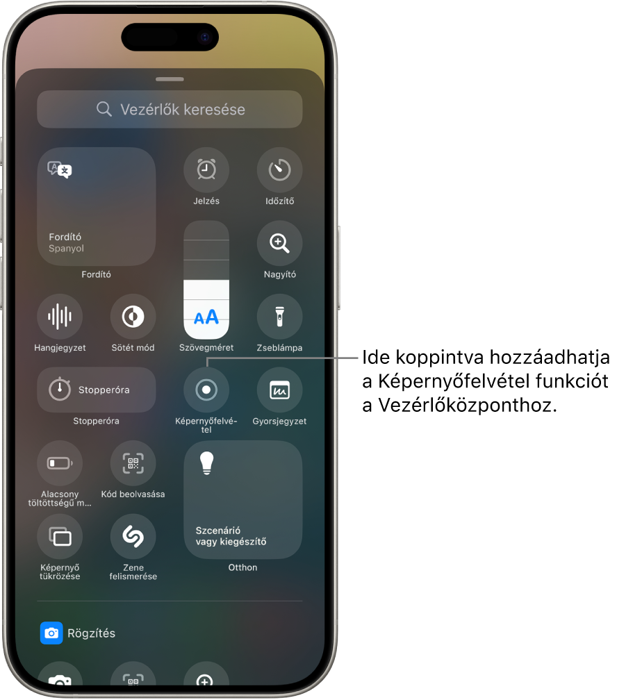 A vezérlők galériája, a képernyő közepén a Képernyőfelvétel gombbal.
