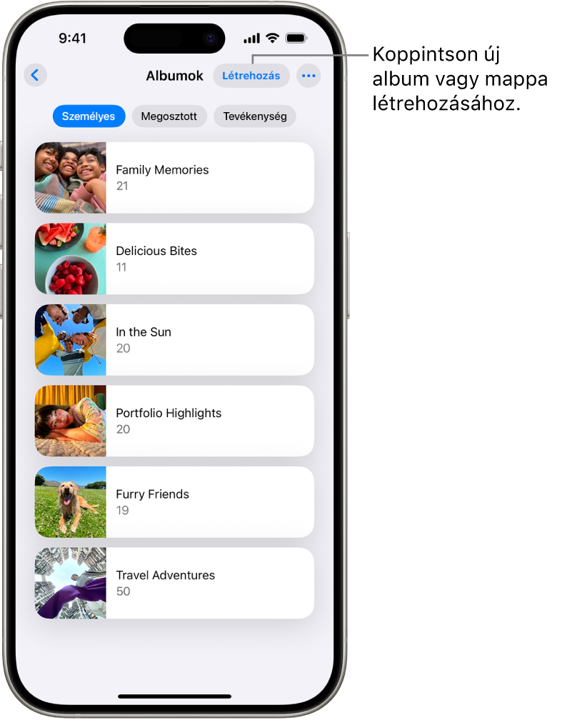 Az Albumok szakasz van megnyitva a Fotók appban. A Személyes lap van kijelölve, alatta albumok listája látható.