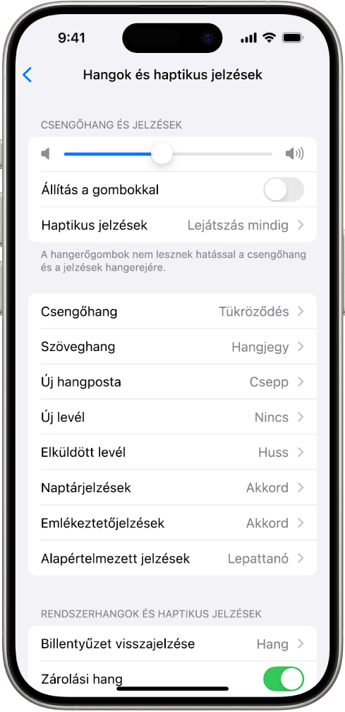 A hangok és haptikus jelzések képernyője a Beállításokban. A képernyőn megjelenő opciók fentről lefelé a Fejhallgató hangja és Fejhallgató-biztonság, Csengőhang és Jelzések hangereje egy csúszkával a hangerő módosításához, továbbá gombok szintén a hangerő módosításához, ezenkívül Hangok és haptikus minták, többek között Csengőhang és SMS-hang.